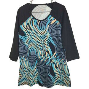 Juno Active Womens Tunic Top Size XL Black Blue Abstract Art 3/4 Sleeve Stretch